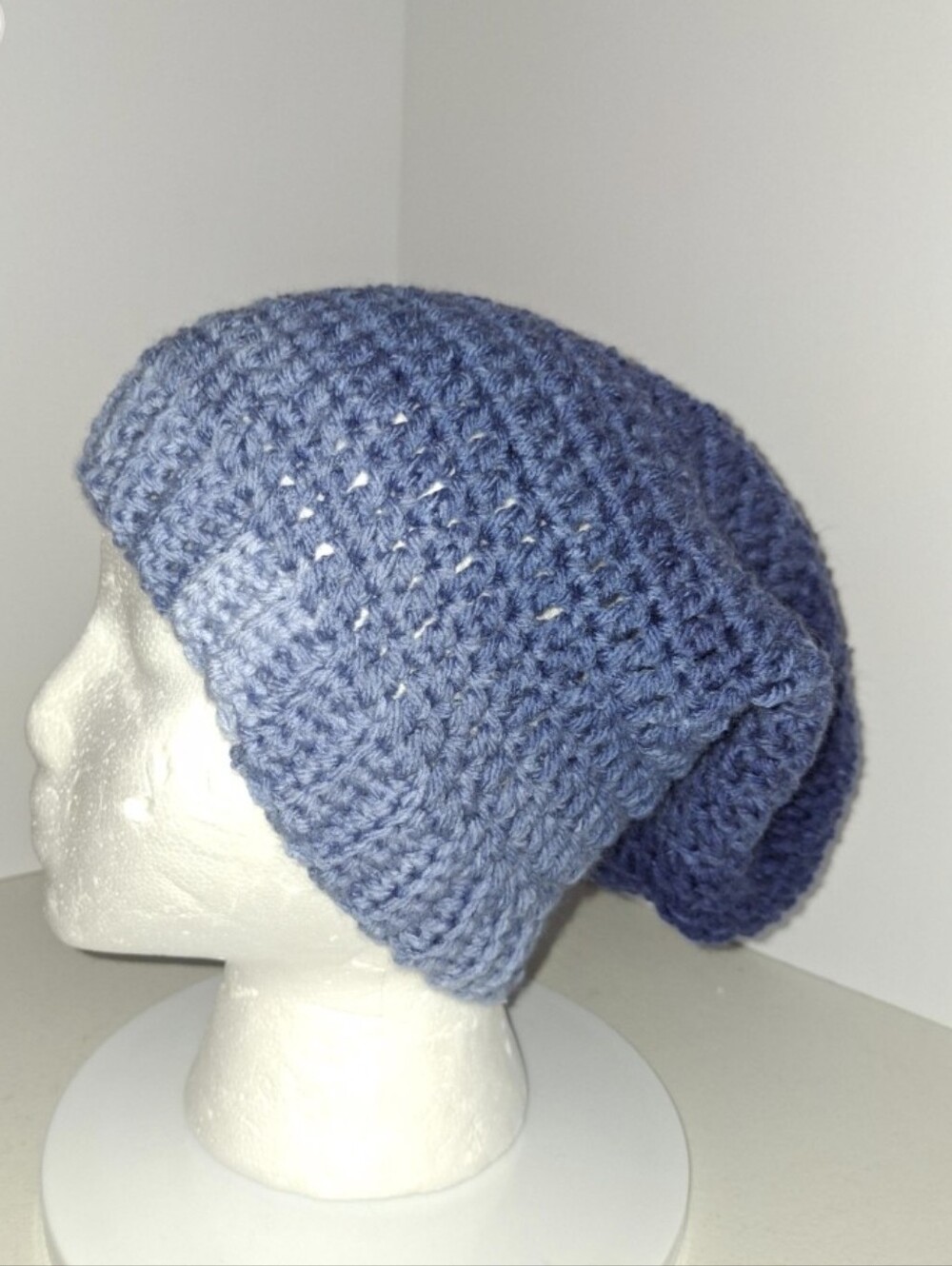 Beanie Slouchy Cap XL Blue Ombre Crocheted Handmade.